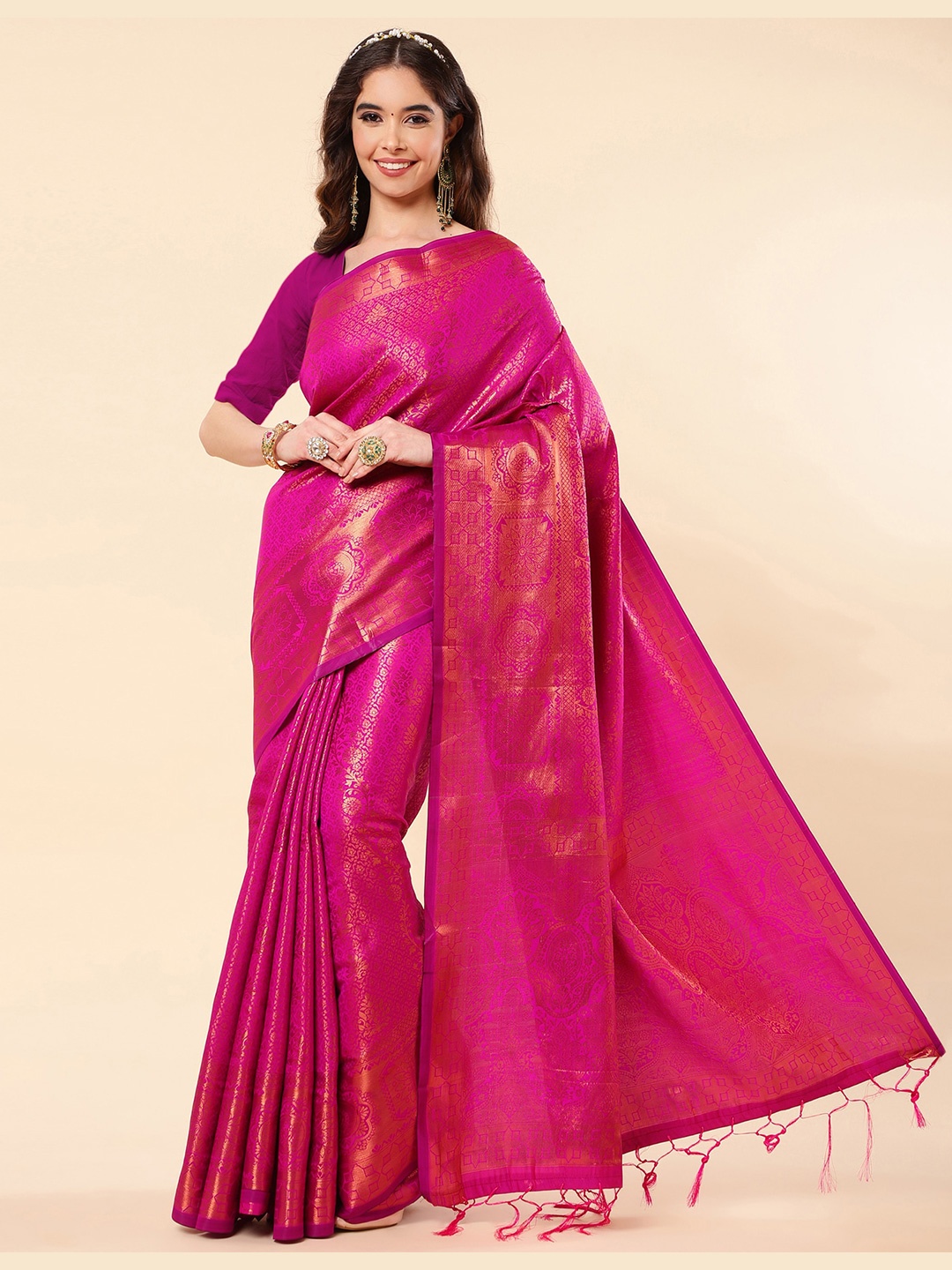 

Jinax Ethnic Motifs Woven Design Zari Pure Silk Banarasi Saree, Pink