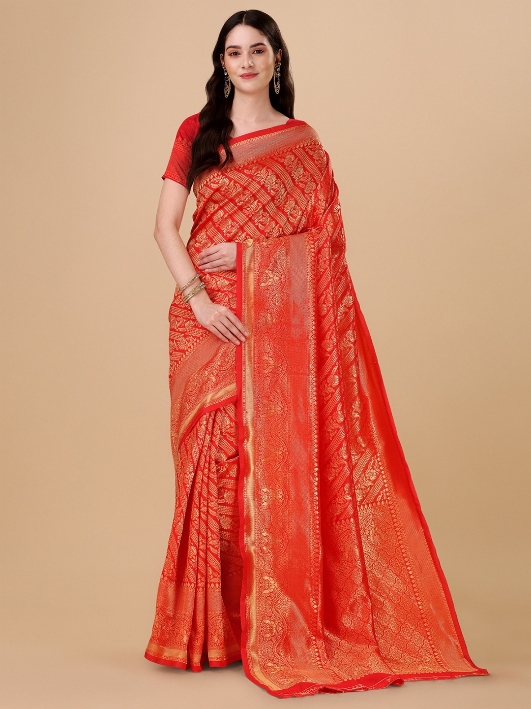 

Jinax Floral Woven Design Zari Pure Silk Saree, Red