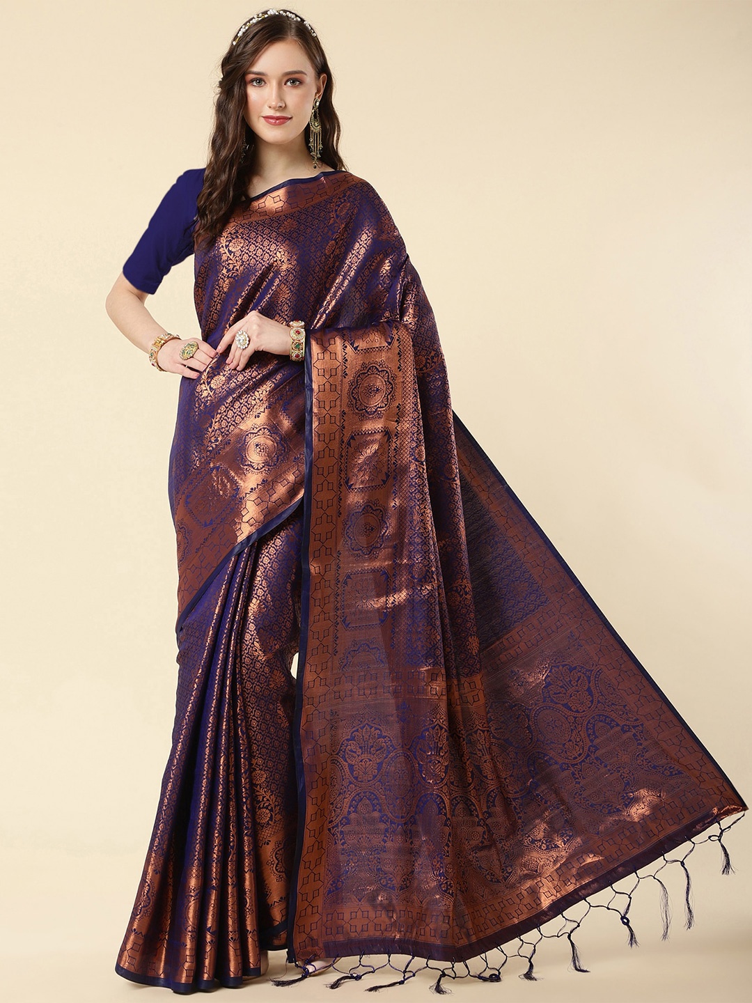

Jinax Ethnic Motifs Woven Design Zari Pure Silk Banarasi Saree, Navy blue
