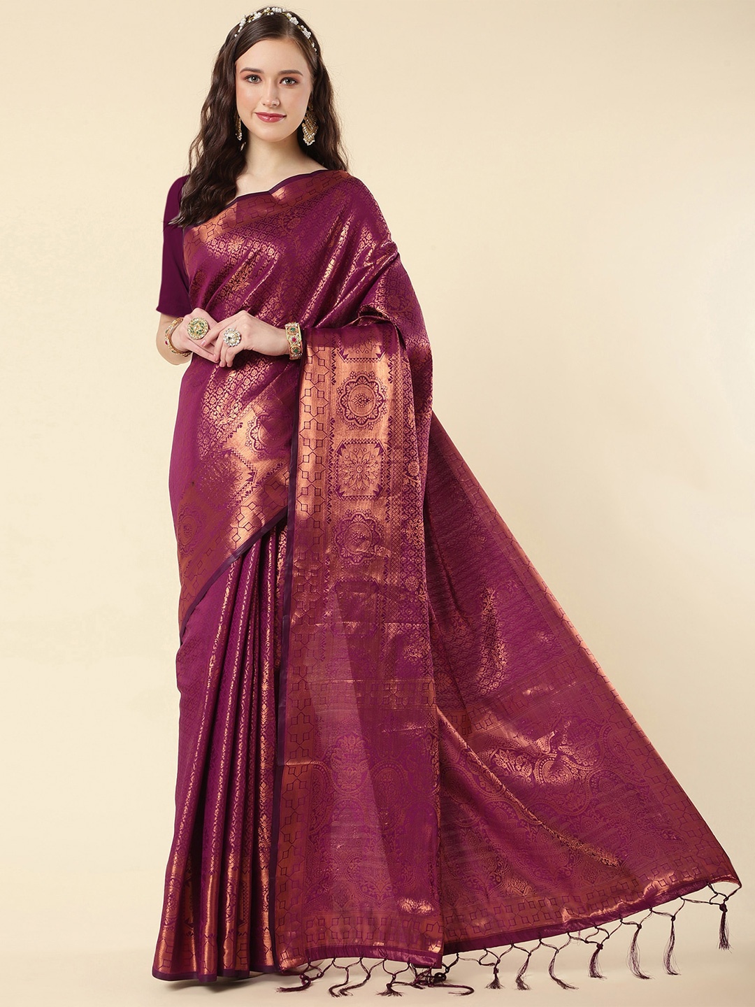 

Jinax Ethnic Motifs Woven Design Zari Pure Silk Banarasi Saree, Burgundy