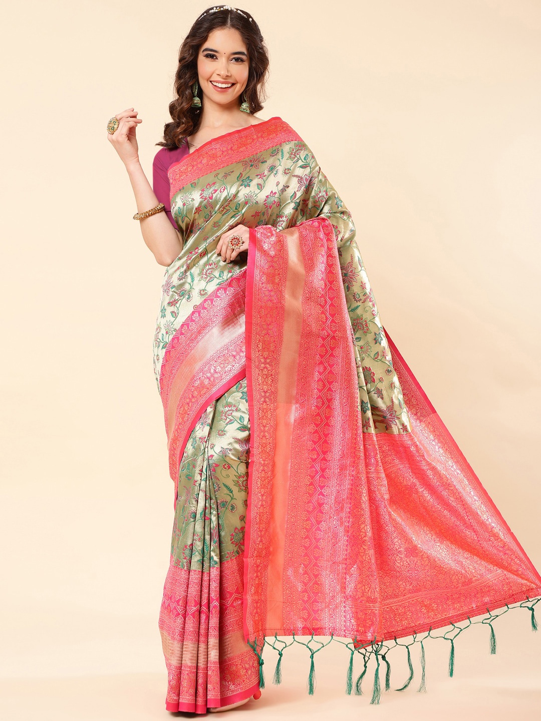 

Jinax Floral Woven Design Zari Pure Silk Banarasi Saree, Green