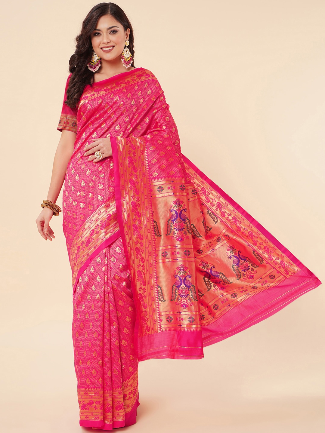 

Jinax Woven Design Ethnic Motif Zari Pure Silk Paithani Saree, Pink