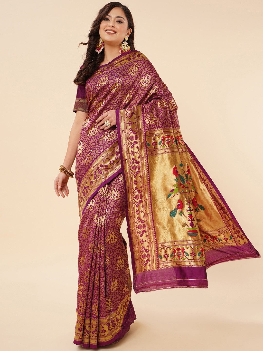 

Jinax Ethnic Motifs Woven Design Zari Pure Silk Paithani Saree, Burgundy