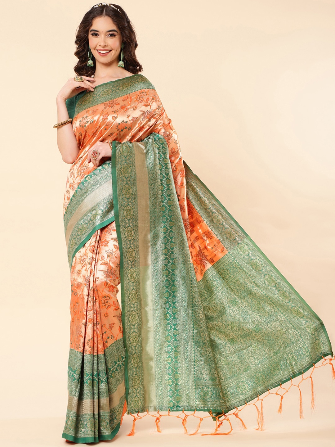 

Jinax Floral Woven Design Zari Pure Silk Banarasi Saree, Orange