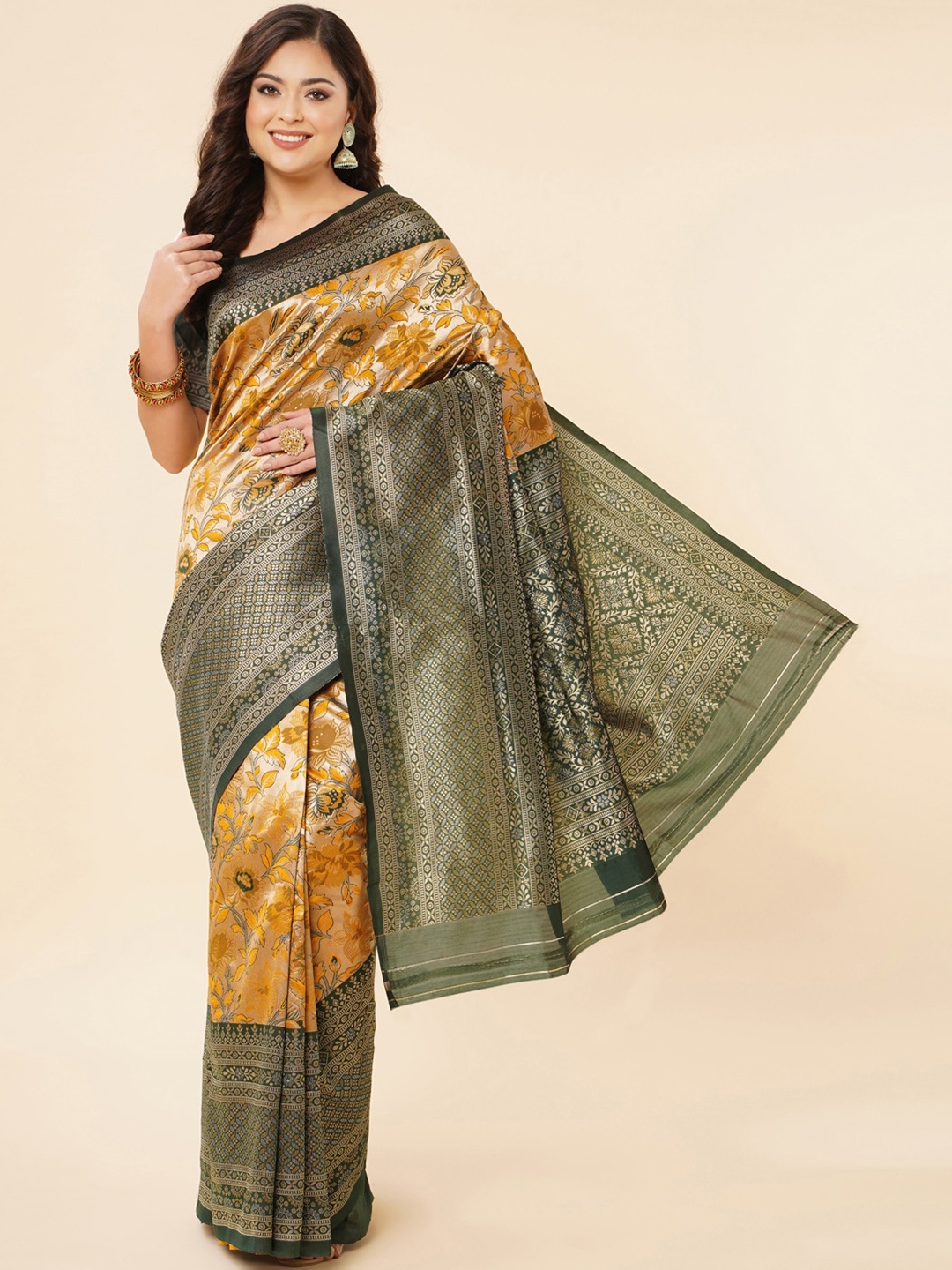 

Jinax Floral Woven Design Zari Pure Silk Banarasi Saree, Gold