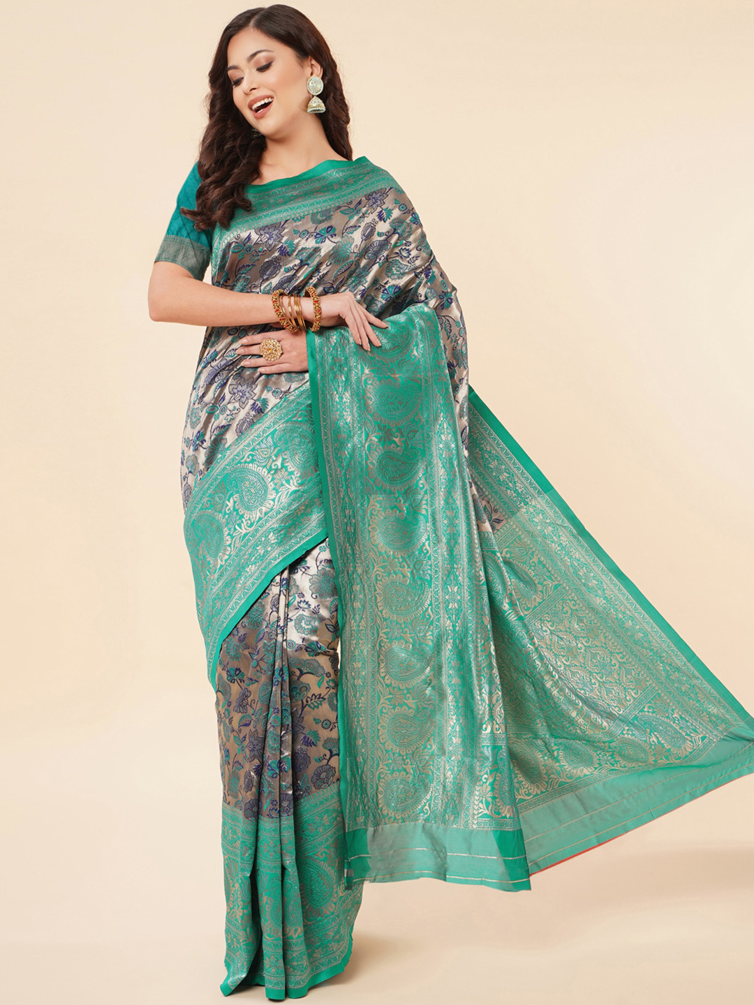 

Jinax Floral Woven Design Zari Pure Silk Banarasi Saree, Turquoise blue