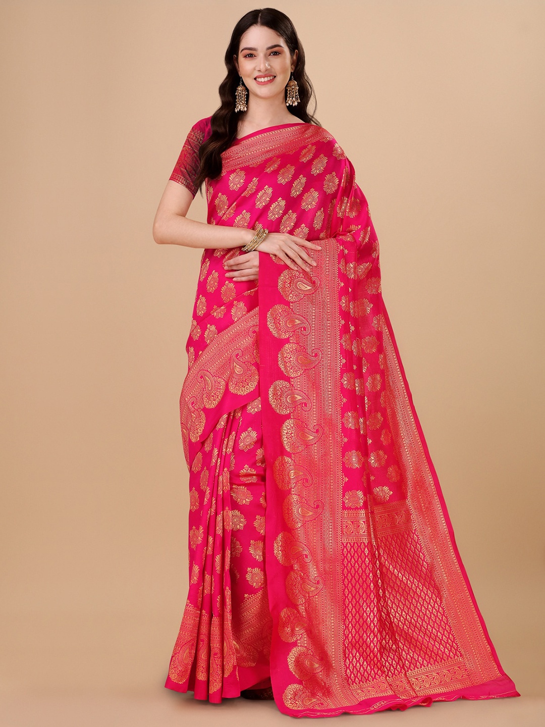 

Jinax Ethnic Motif Woven Design Zari Pure Silk Banarasi Saree, Pink