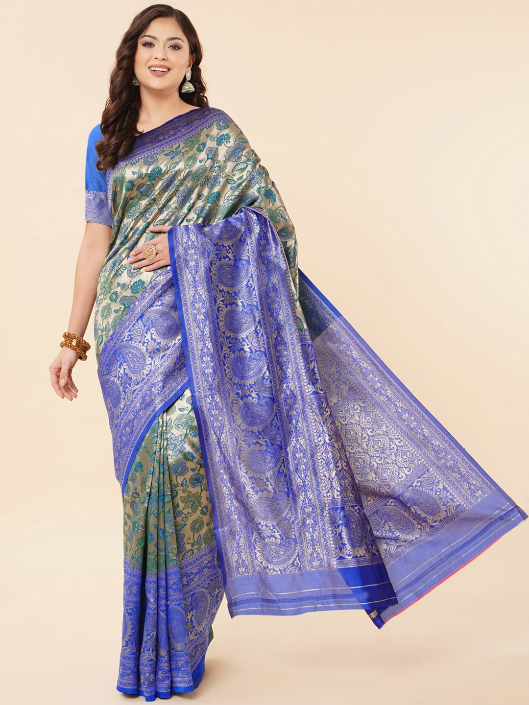 

Jinax Floral Woven Design Zari Pure Silk Banarasi Saree, Green