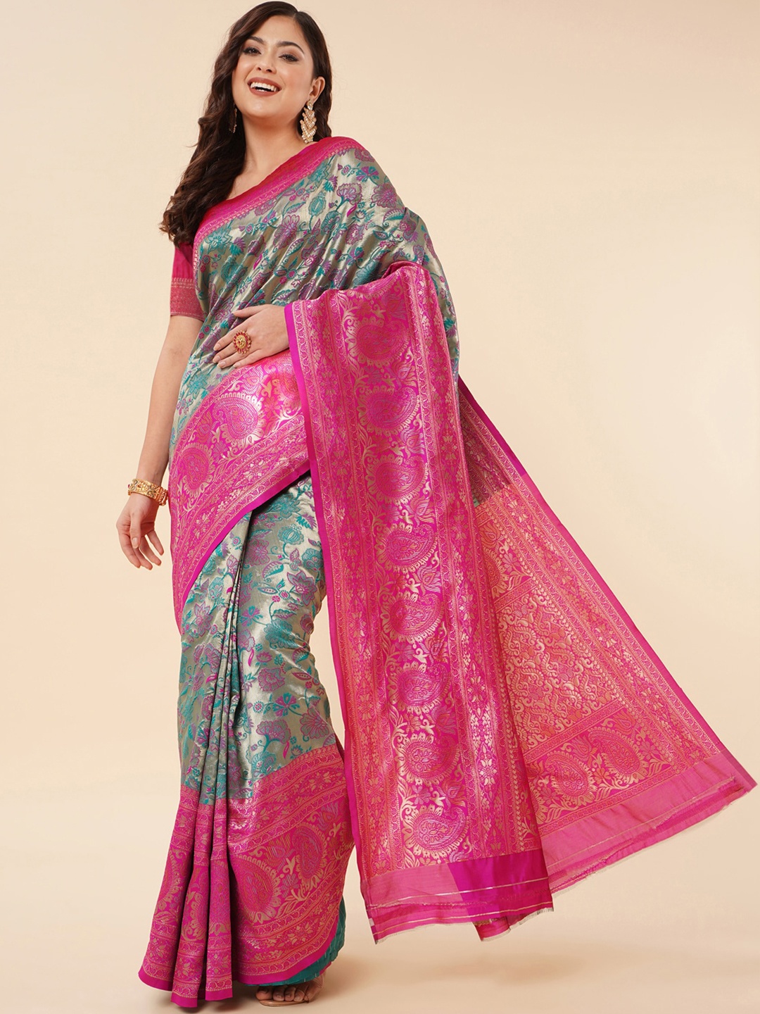 

Jinax Floral Woven Design Zari Pure Silk Banarasi Saree, Sea green