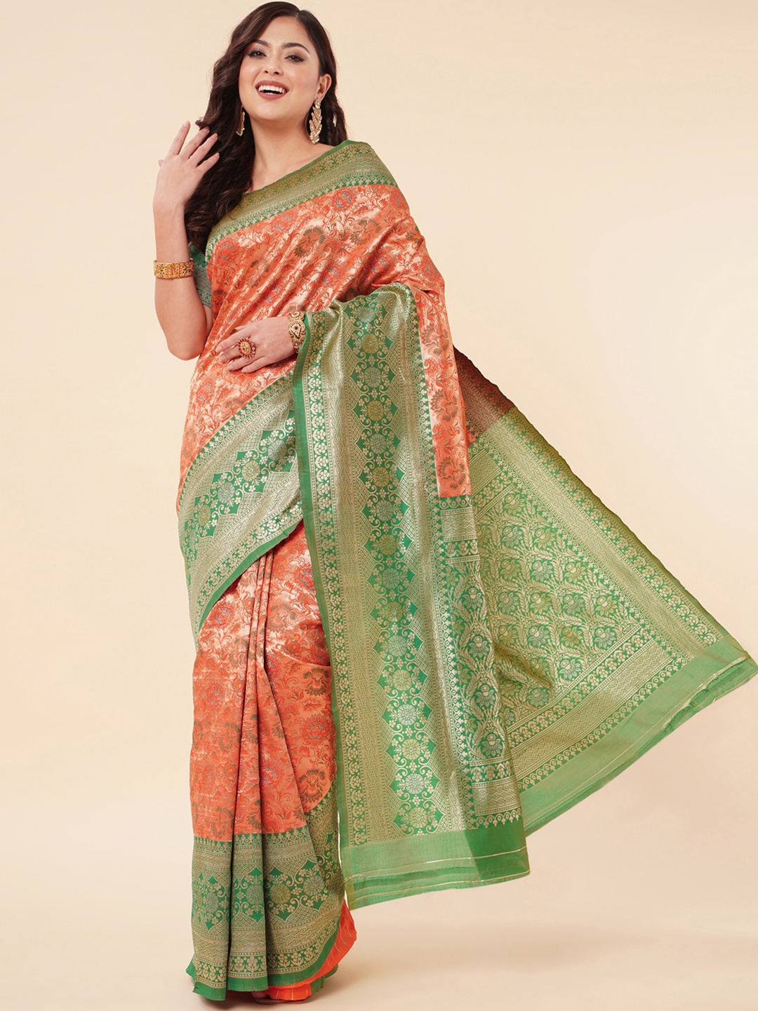 

Jinax Floral Woven Design Zari Pure Silk Banarasi Saree, Orange