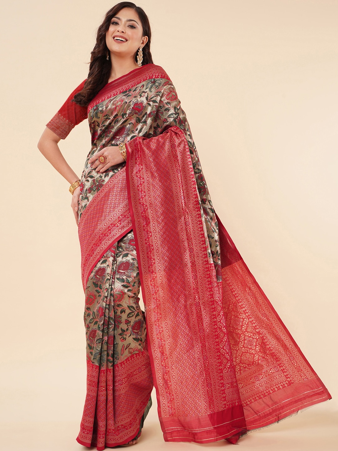 

Jinax Ethnic Motifs Woven Design Zari Pure Silk Banarasi Saree, Red