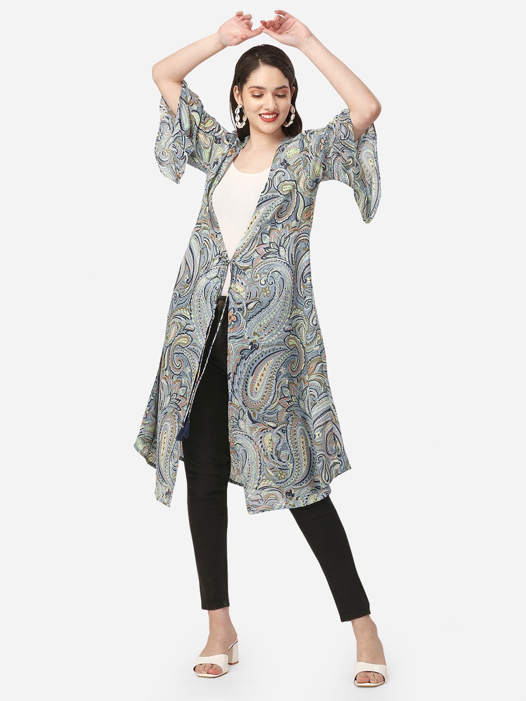 

Fbella Women Printed Longline Tie-Up Shrug, Grey