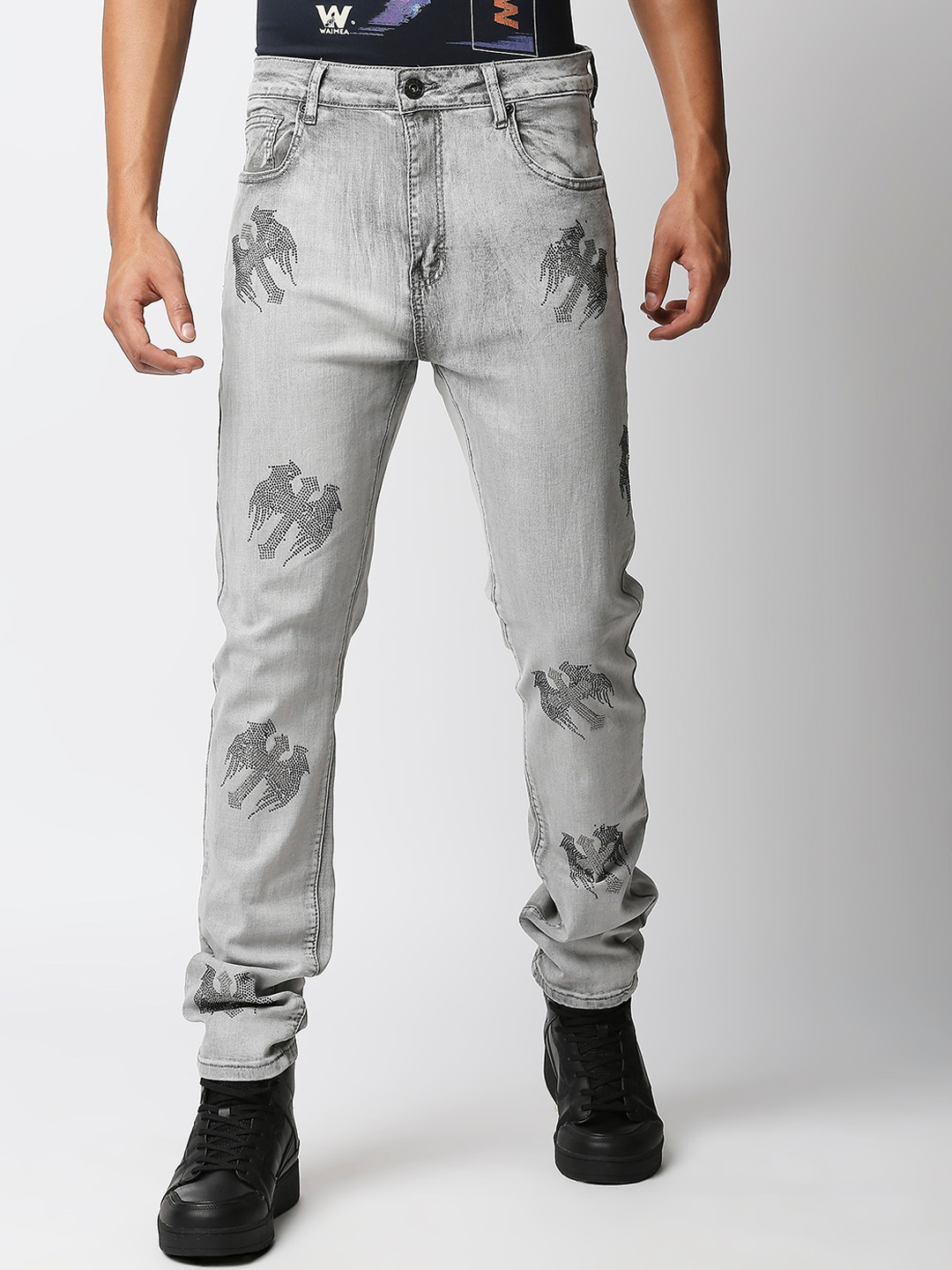 

WAIMEA Men Skinny Fit Heavy Fade Embellished Stretchable Jeans, Grey