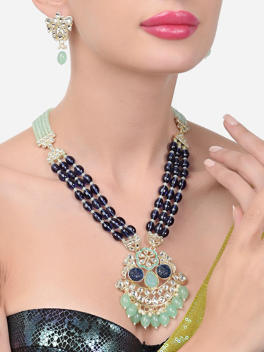 

Zaveri Pearls Gold-Plated Kundan Studded & Beaded Necklace and Earrings, Sea green