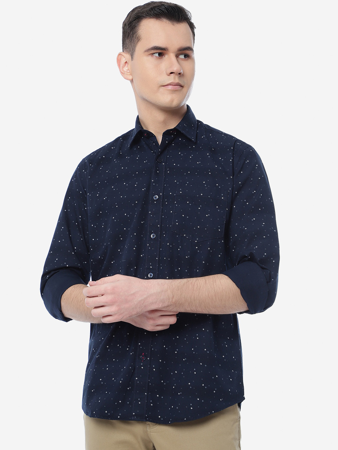 

Greenfibre Men Slim Fit Micro Ditsy Printed Casual Cotton Shirt, Navy blue