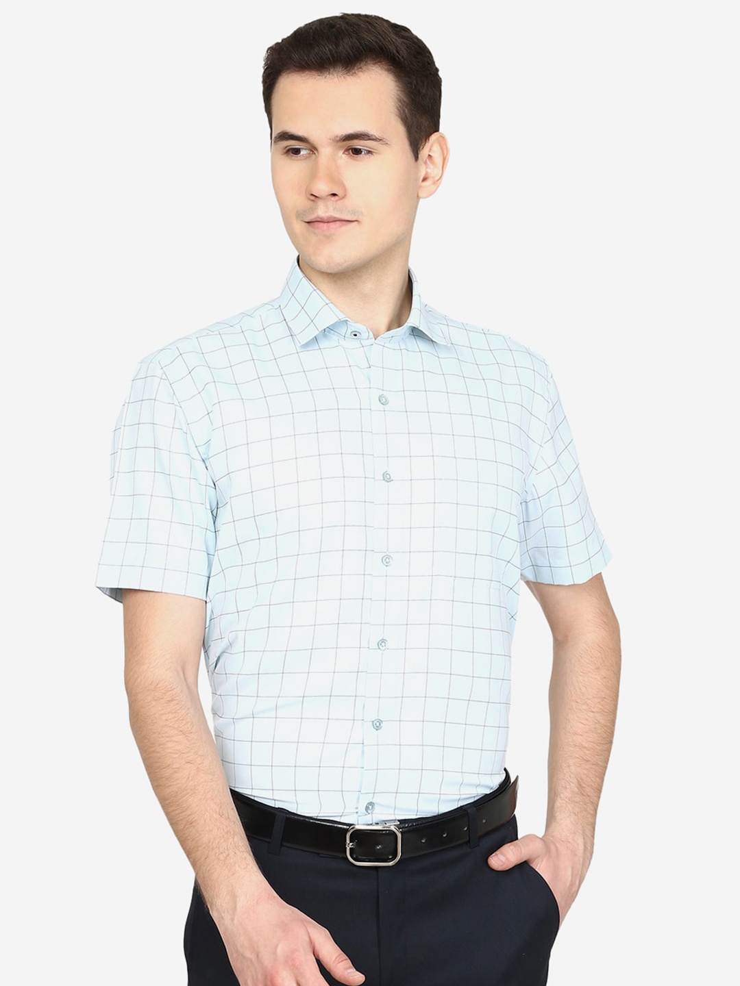 

Greenfibre Slim Fit Grid Tattersall Checked Formal Cotton Shirt, Blue