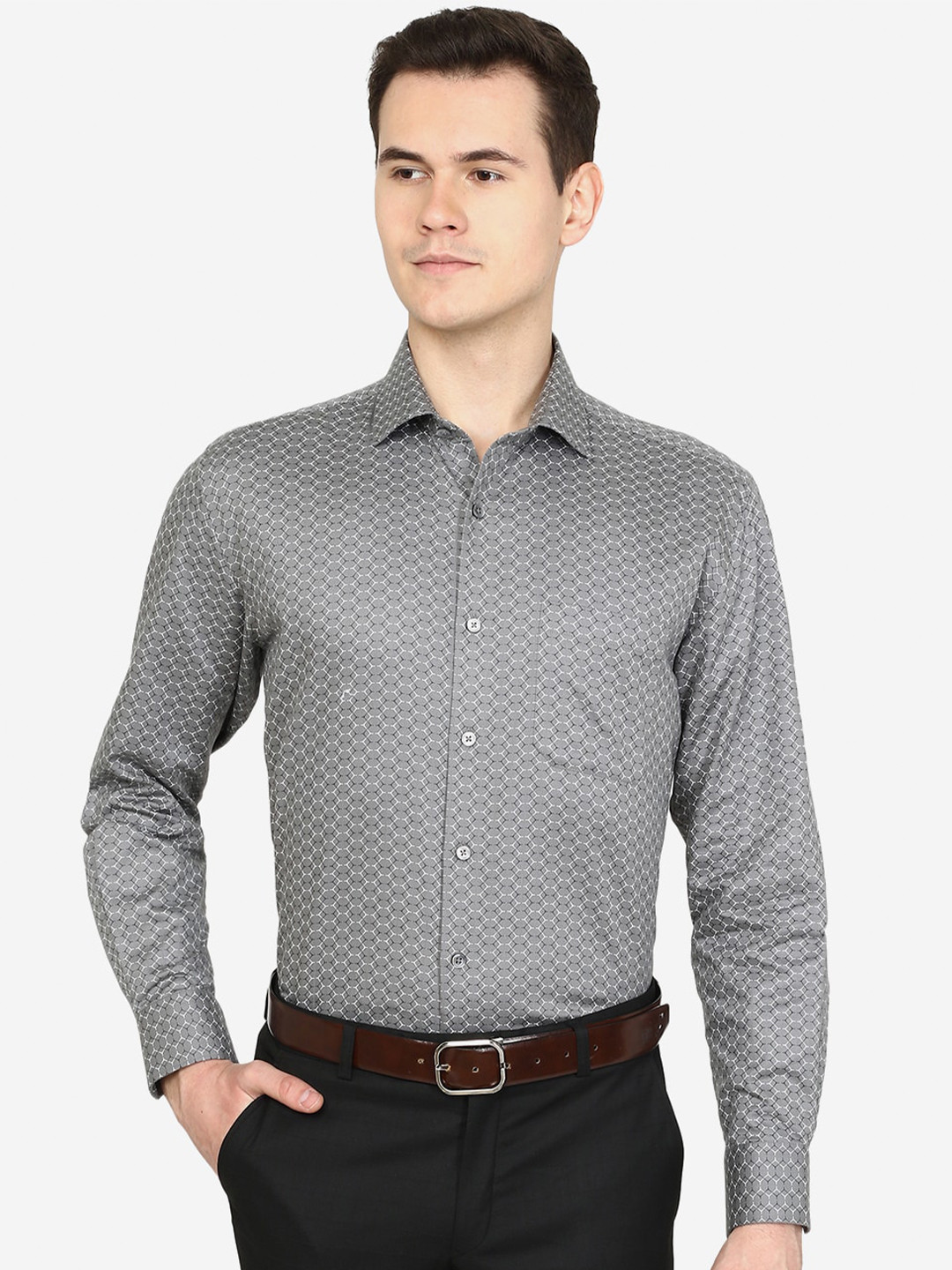 

Greenfibre Spread Collar Geometric Printed Formal Shirt, Grey
