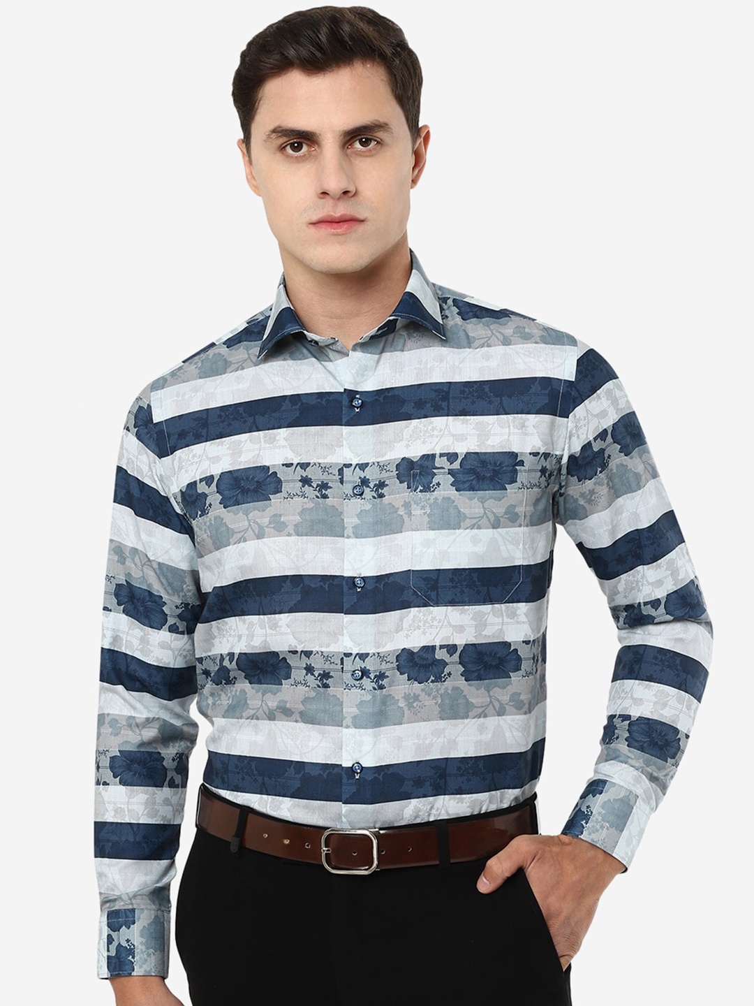 

Greenfibre Men Slim Fit Horizontal Striped Casual Cotton Shirt, Teal