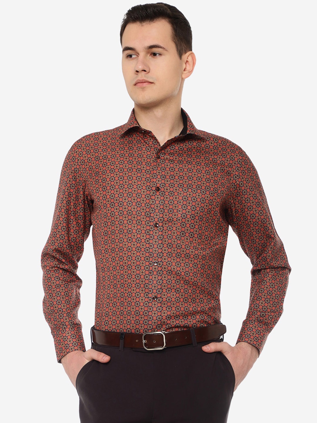 

Greenfibre Slim Fit Floral Printed Formal Cotton Shirt, Orange