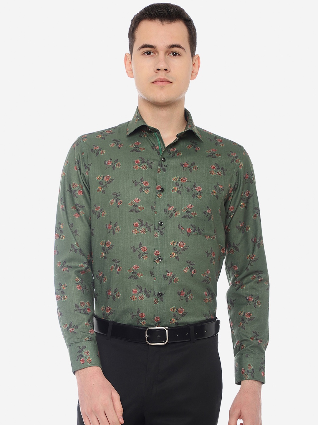 

Greenfibre Slim Fit Floral Printed Cotton Formal Shirt, Green