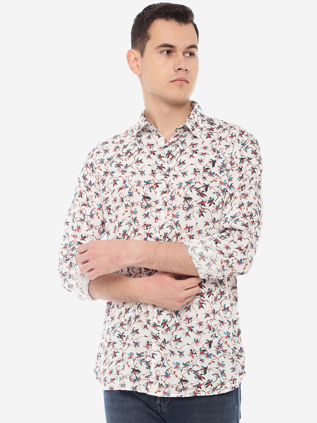 

JADE BLUE Slim Fit Floral Printed Casual Cotton Shirt, Off white