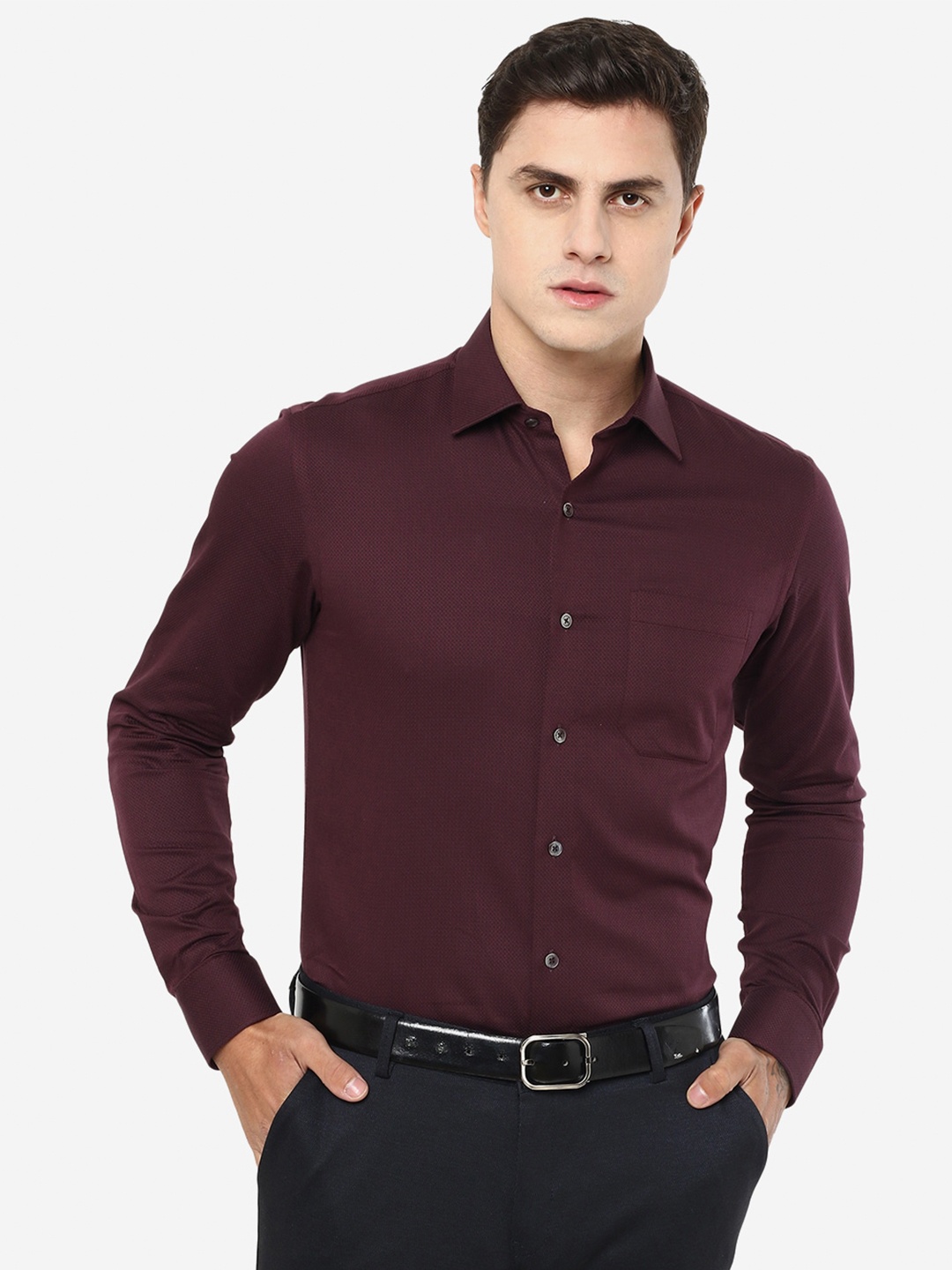 

JADE BLUE Textured Slim Fit Cotton Formal Shirt, Maroon