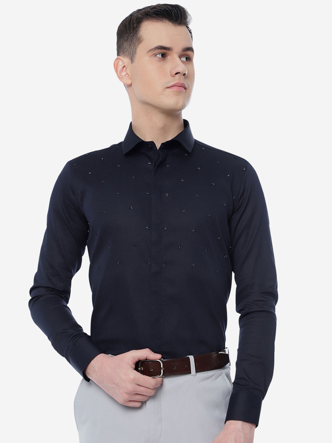 

JB STUDIO Slim Fit Embellished Formal Cotton Shirt, Blue