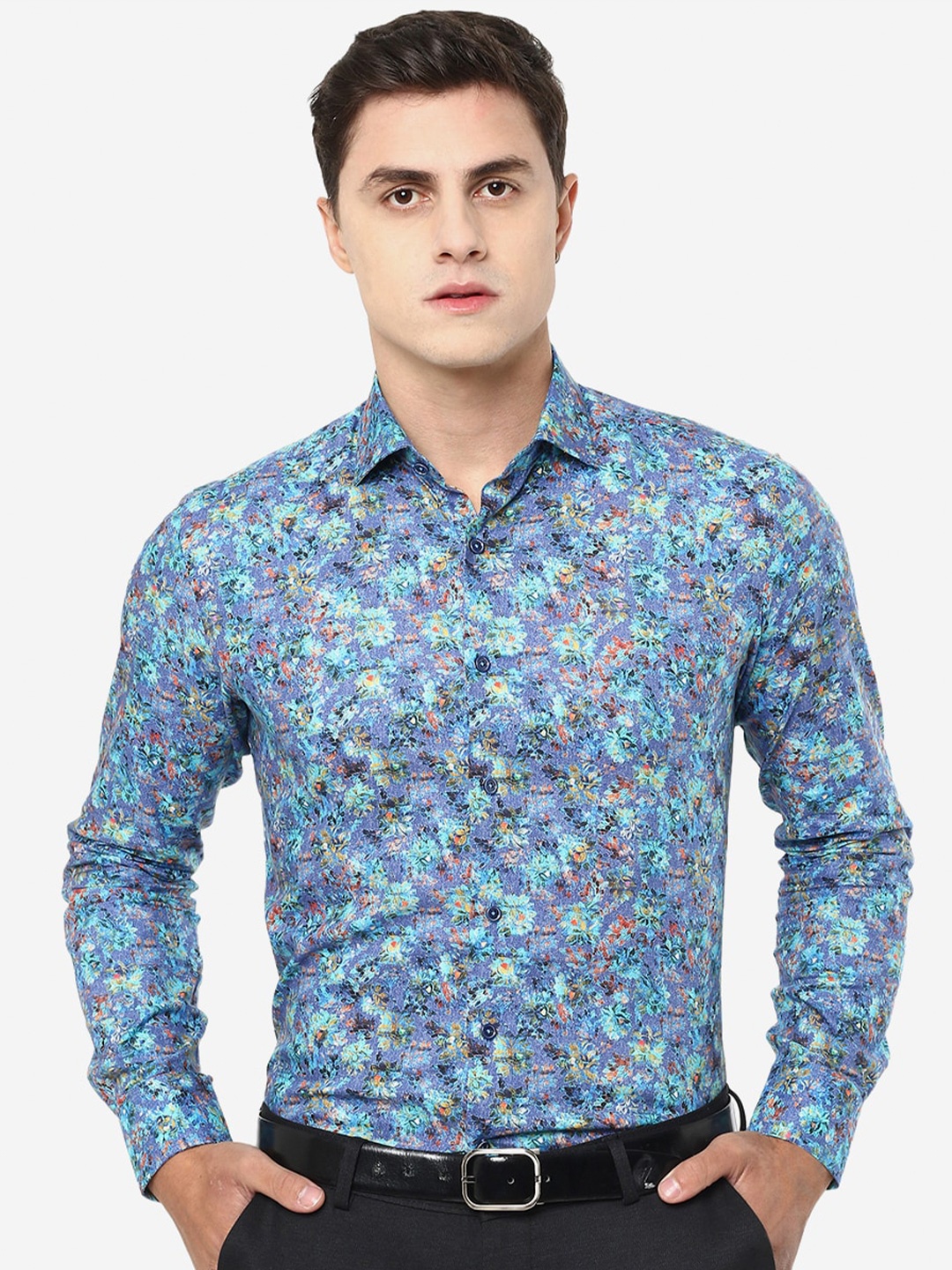 

JB STUDIO Men Slim Fit Floral Printed Party Cotton Shirt, Blue
