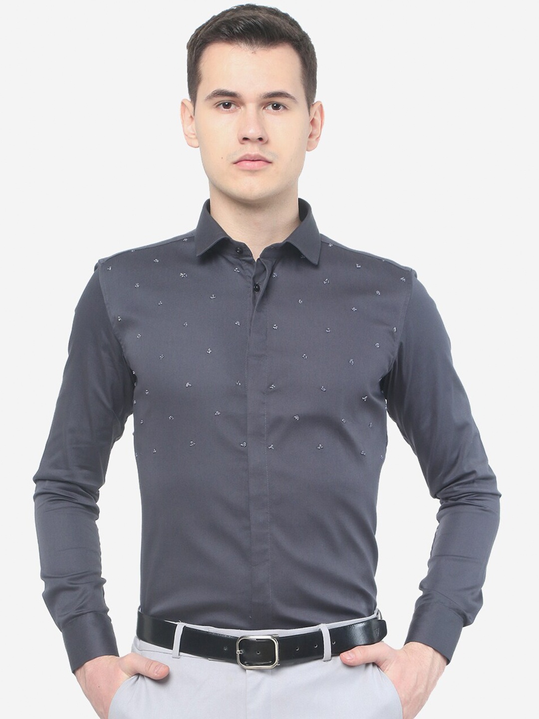 

JB STUDIO Slim Fit Floral Self Design Cotton Formal Shirt, Grey