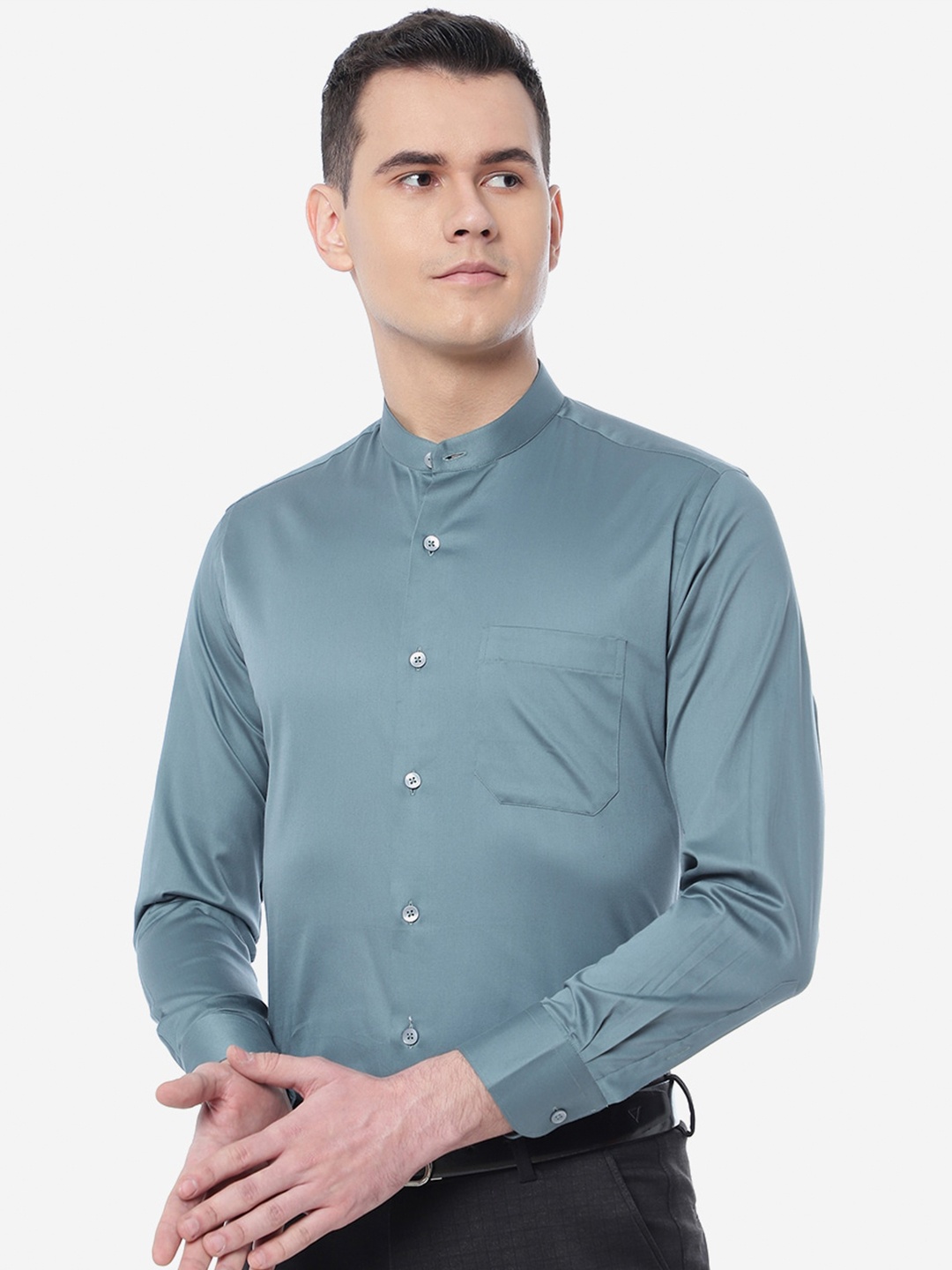 

METAL Slim Fit Mandarin Collar Cotton Formal Shirt, Grey