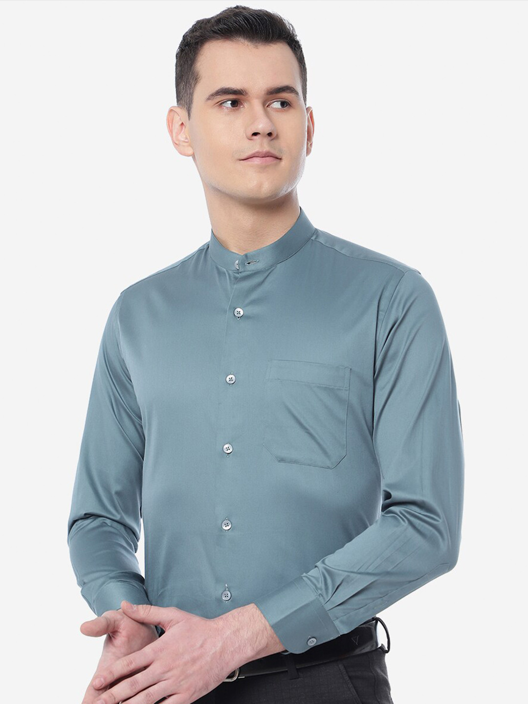

METAL Slim Fit Mandarin Collar Cotton Formal Shirt, Grey