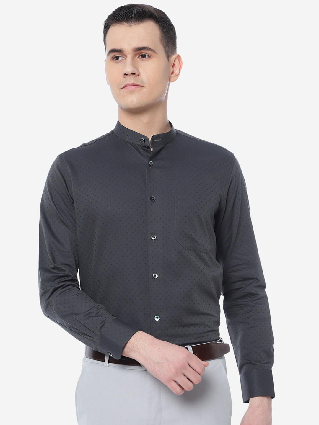 

METAL Slim Fit Mandarin Collar Cotton Formal Shirt, Grey