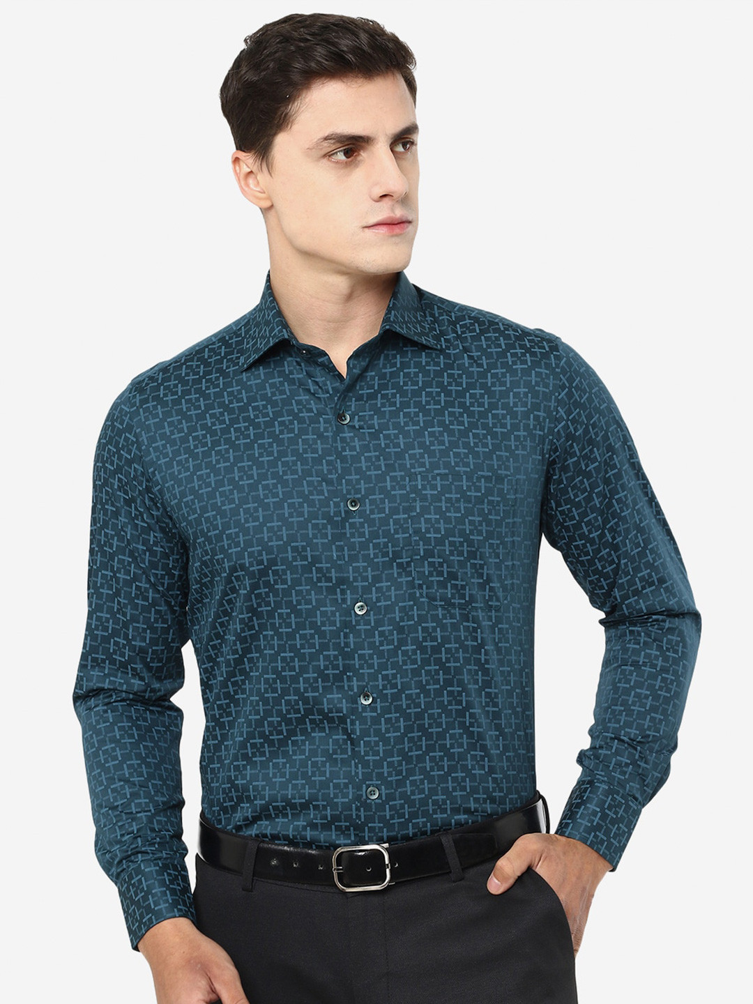 

METAL Slim Fit Textured Cotton Formal Shirt, Teal