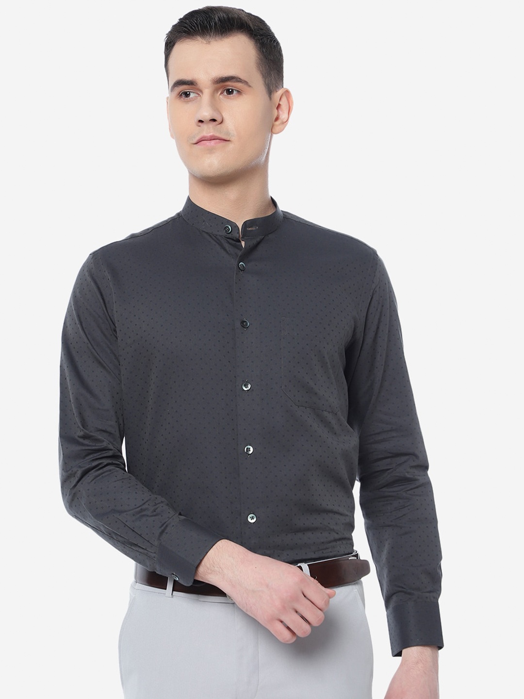 

METAL Slim Fit Mandarin Collar Cotton Formal Shirt, Grey