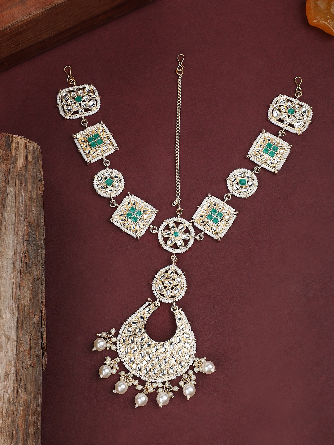 

ANIKAS CREATION Gold-Plated Stone-Studded & Beaded Sheeshphool, Green