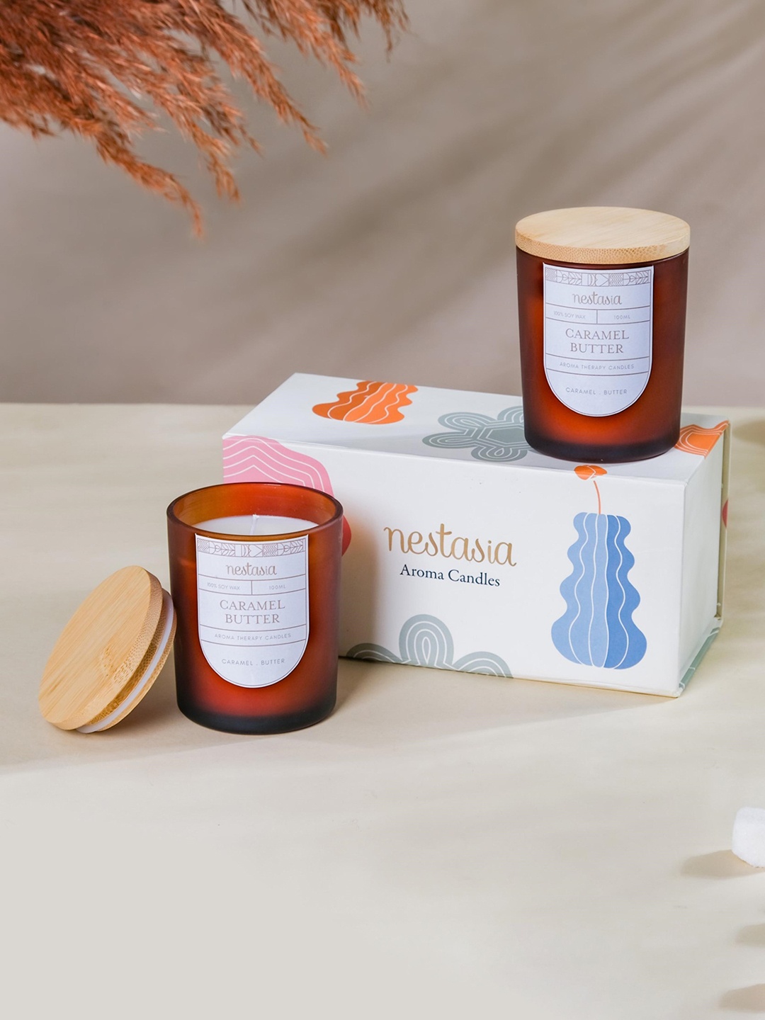 

Nestasia Set of 2 Brown and White Caramel Scented Candle Jars with Gift Box