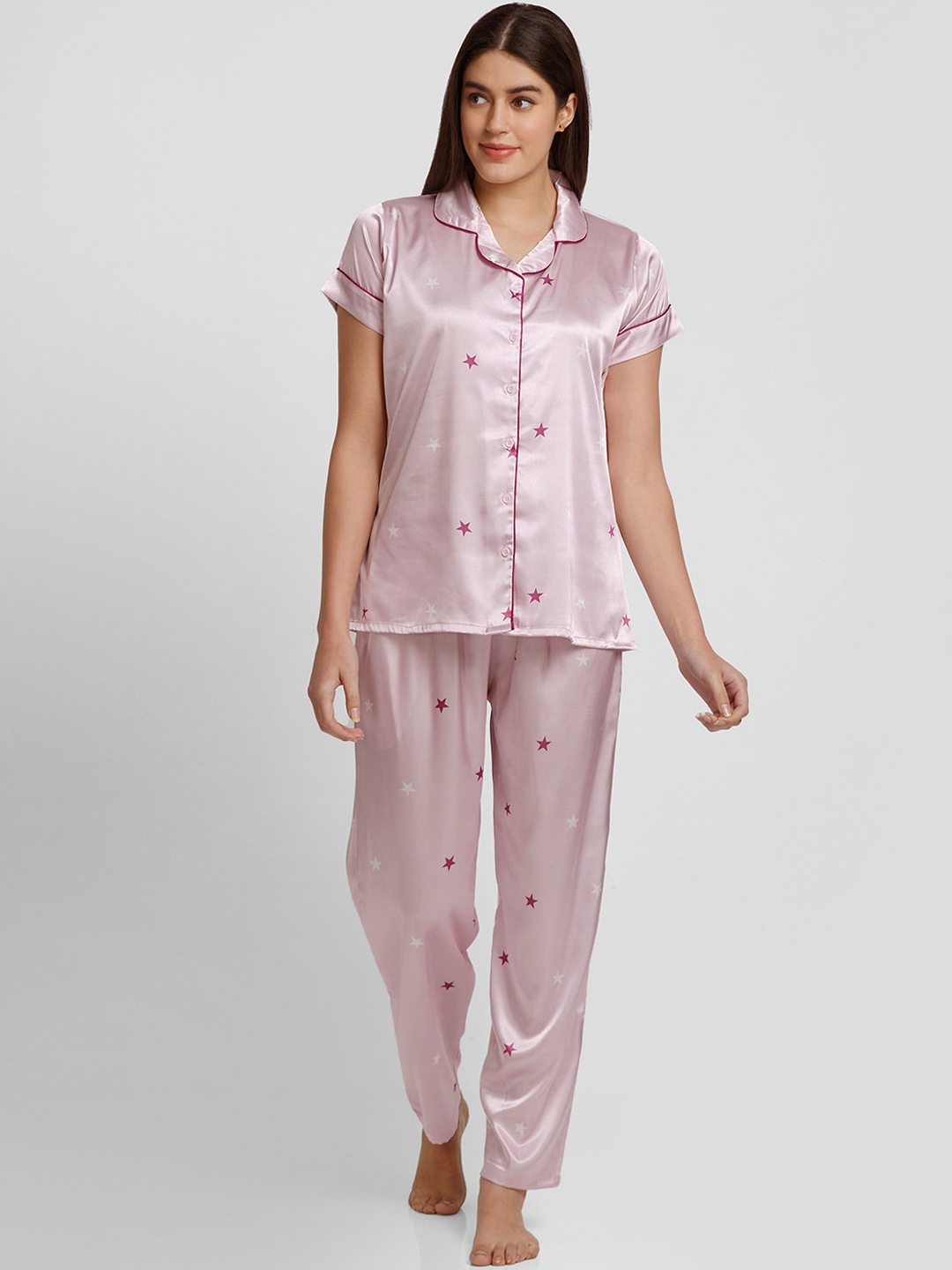 

NOIRA Conversational Printed Satin Night Suit, Pink