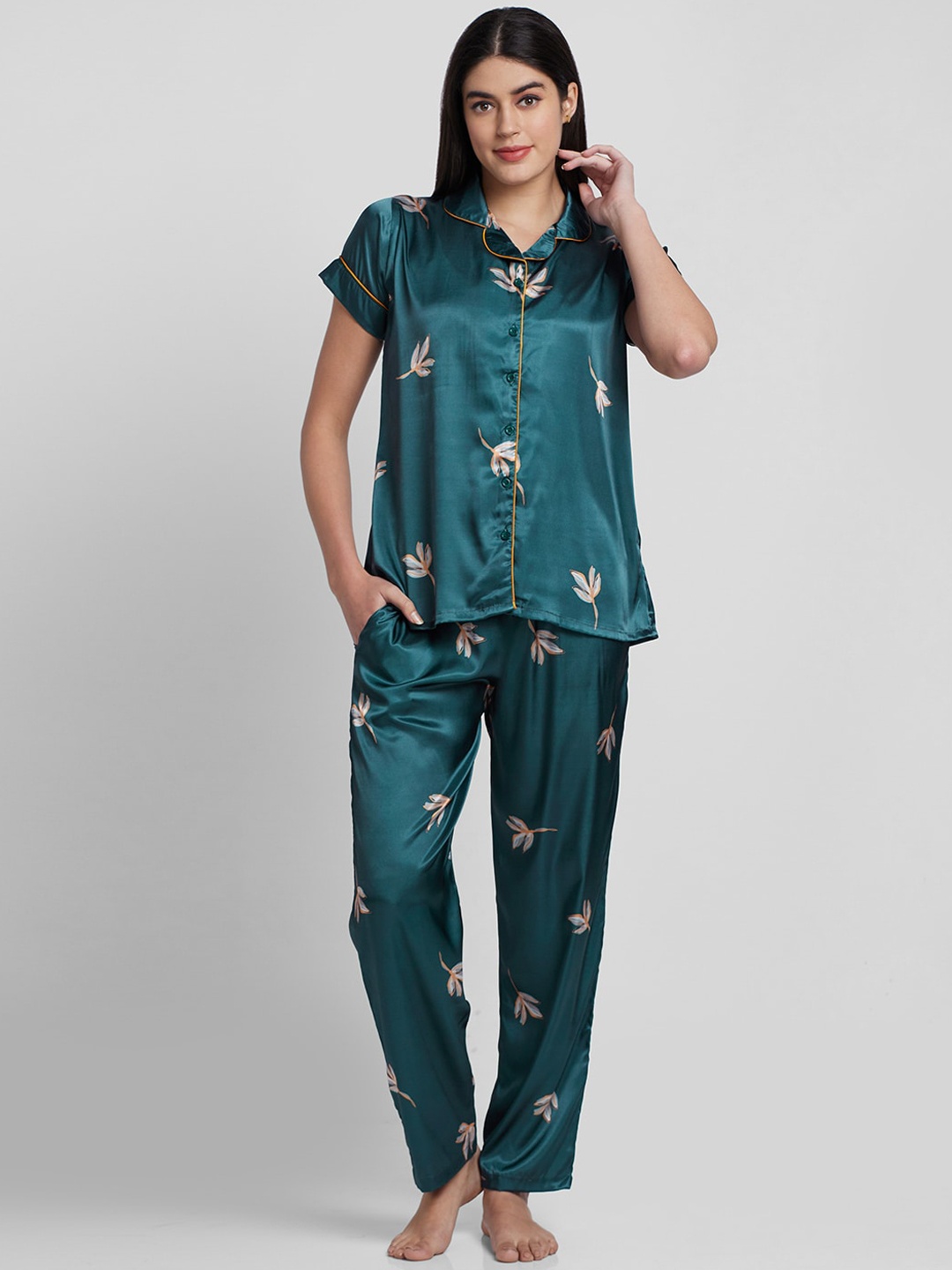 

NOIRA Floral Printed Satin Night Suit, Green