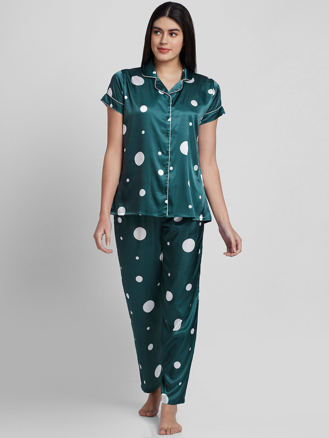 

NOIRA Polka Dots Printed Satin Night Suit, Green