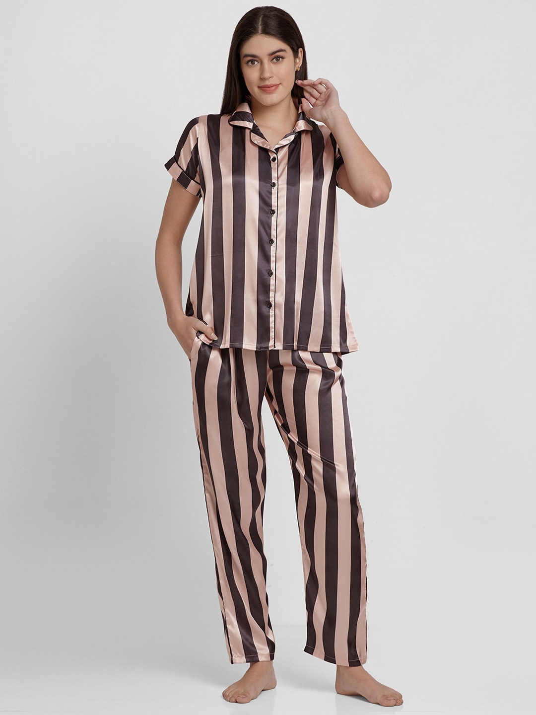 

NOIRA Striped Satin Night Suit, Beige