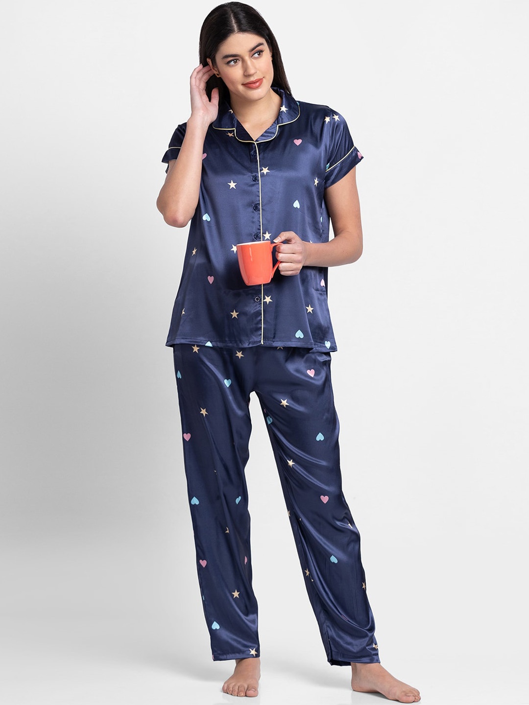 

NOIRA Conversational Printed Satin Night Suit, Navy blue