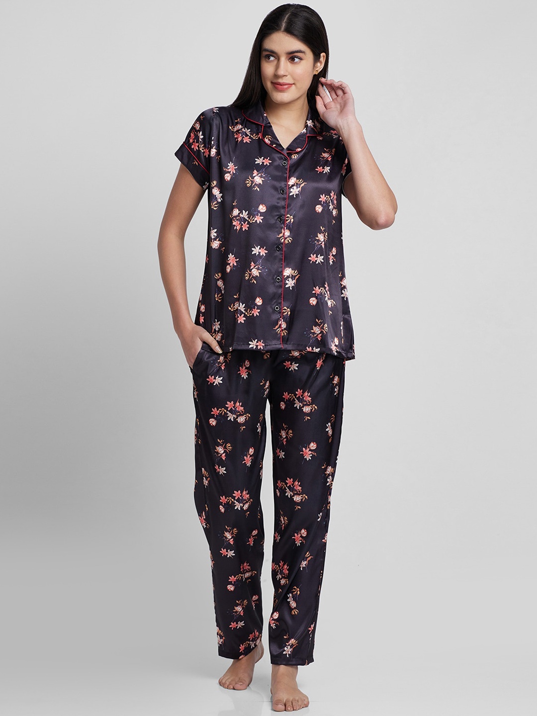 

NOIRA Floral Printed Satin Night Suit, Black