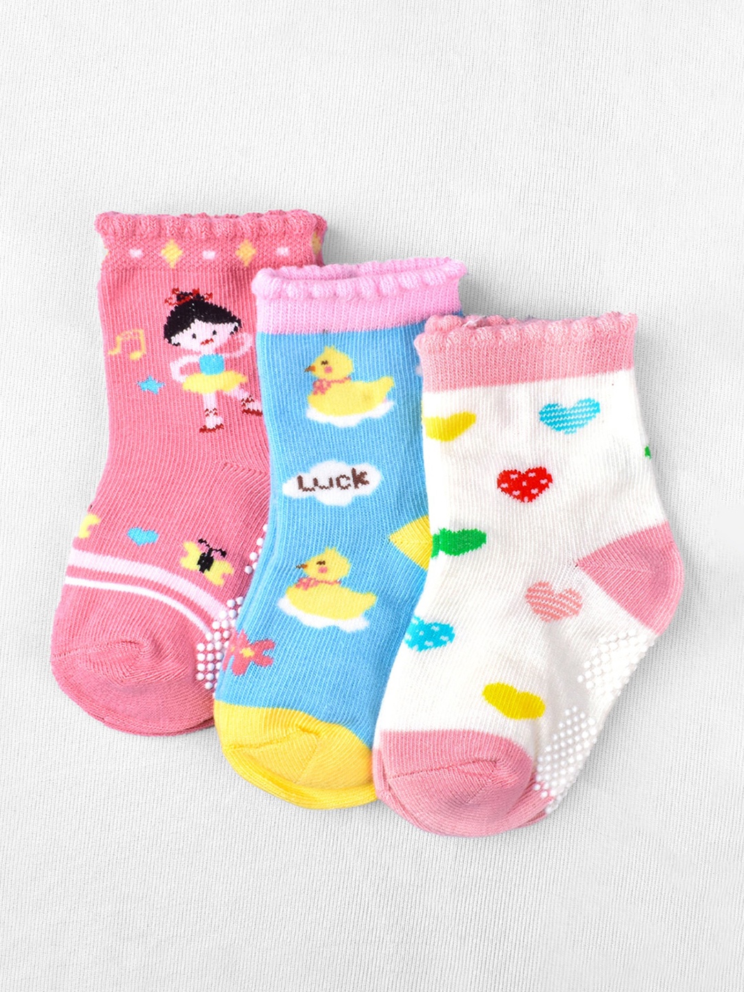 

Moms Home Infants Pack Of 3 Patterned Cotton Anti-Skid Ankle Length Socks, Pink