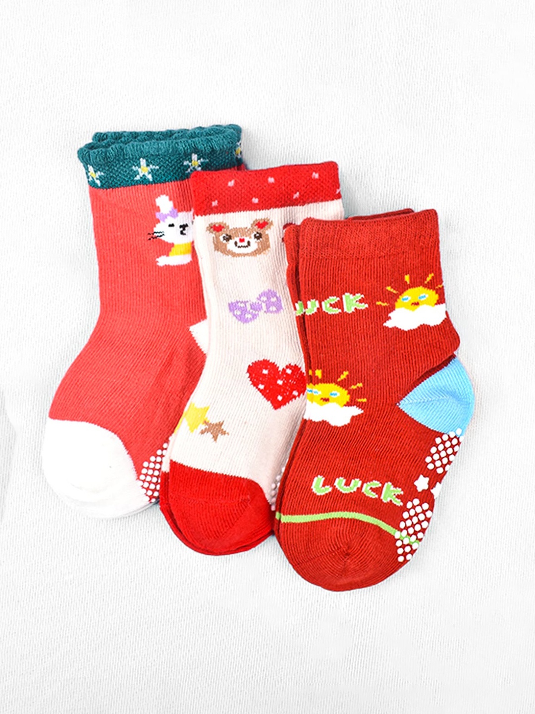 

Moms Home Kids Pack of 3 Organic cotton Patterned Ankle Length Socks, Red