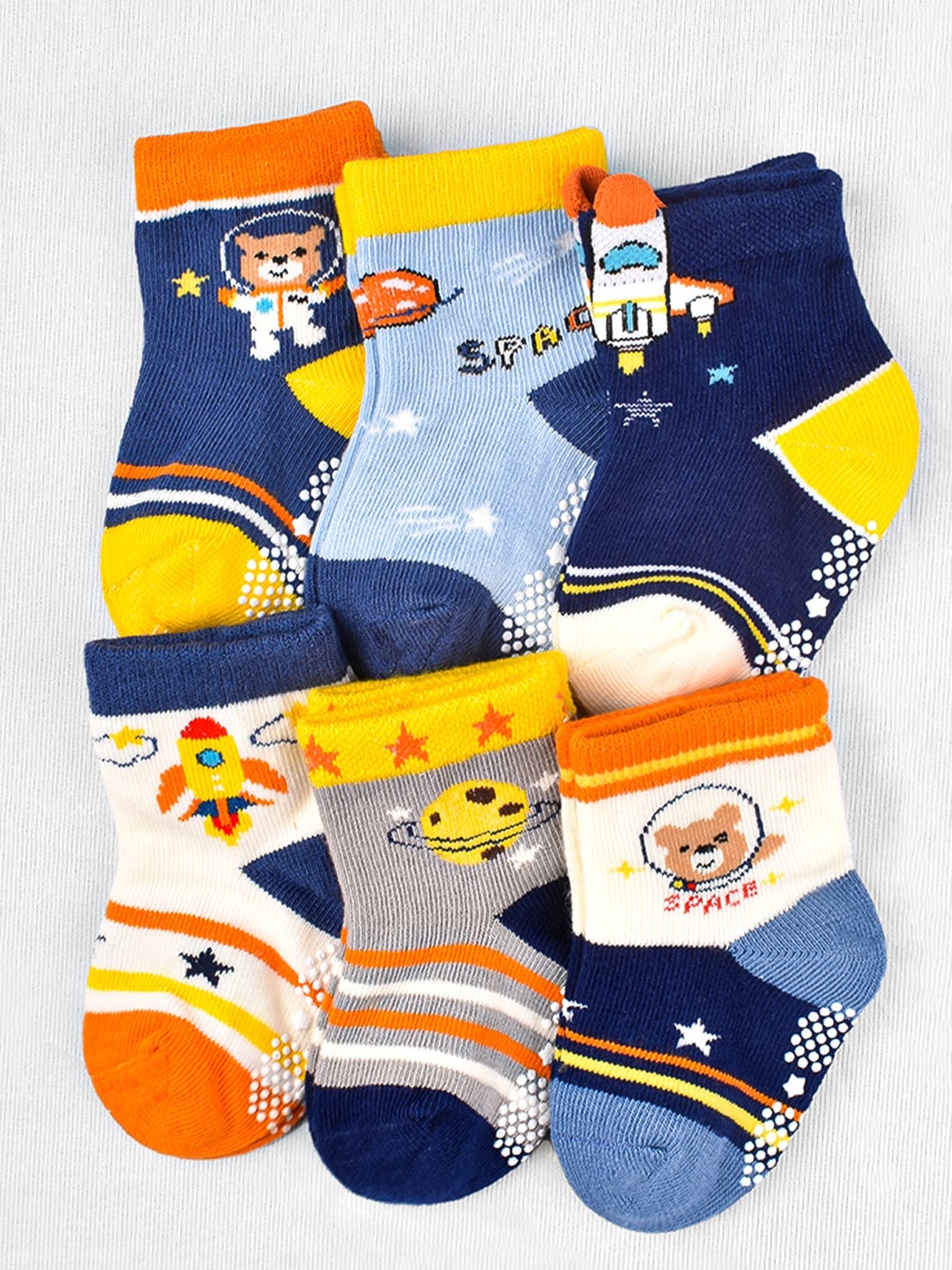 

Moms Home Infant Pack Of 6 Patterned Cotton Anti-Skid Ankle Length Socks, Blue