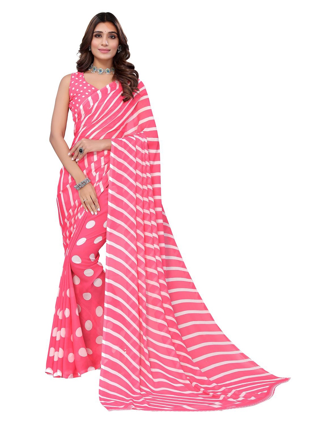 

KALINI Striped Printed Saree, Pink