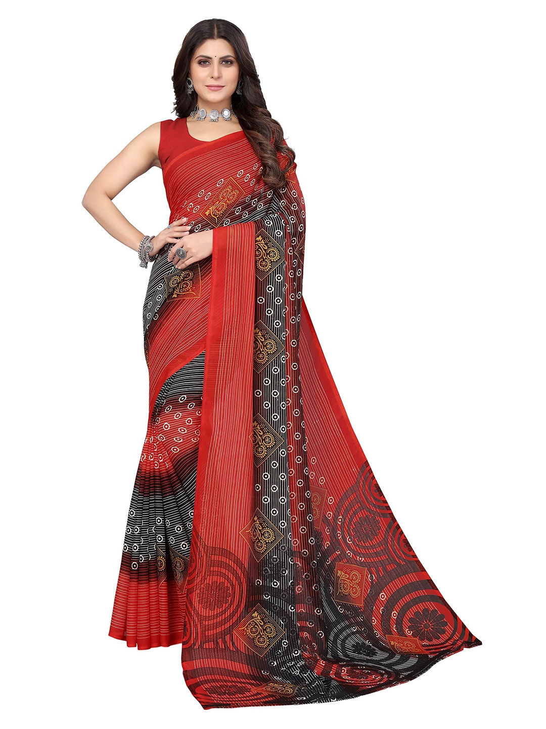 

KALINI Geometric Printed Striped Saree, Red