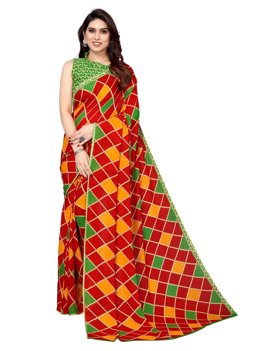 

KALINI Geometric Printed Poly Georgette Saree, Red