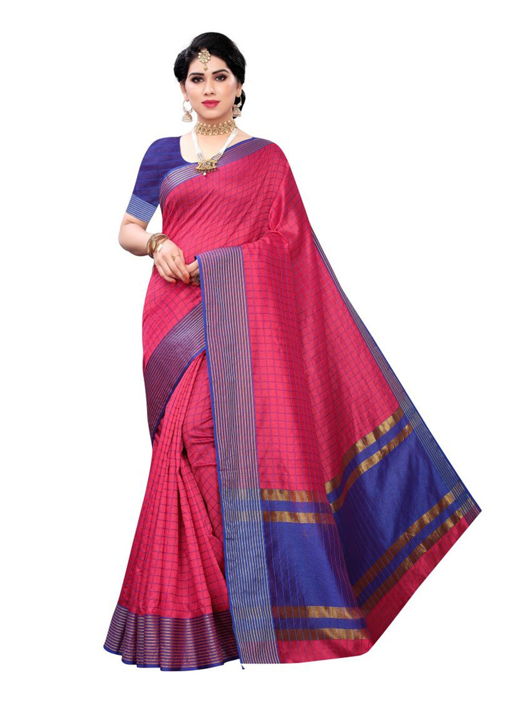 

KALINI Checked Zari Silk Cotton Saree, Pink
