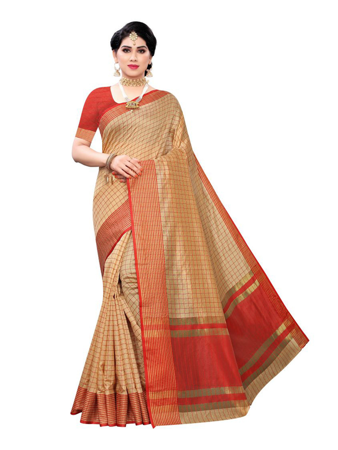 

KALINI Checked Silk Cotton Saree, Beige